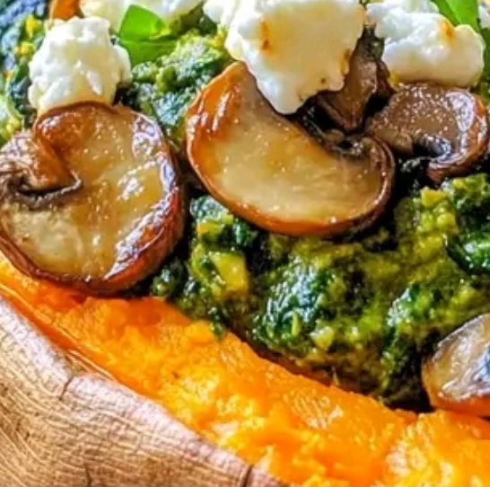 Stuffed Sweet Potatoes with Spinach, Mushroom, Feta & Rosemary Garnished with Fresh Basil Pesto