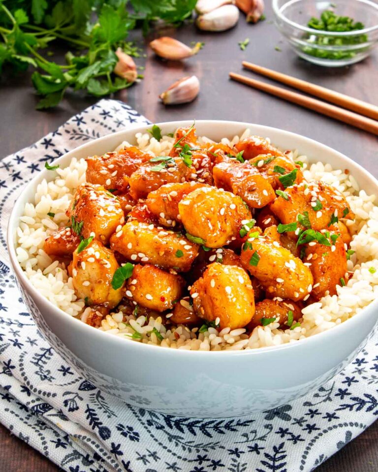 Honey Garlic Chicken Bites Over Creamy Rice