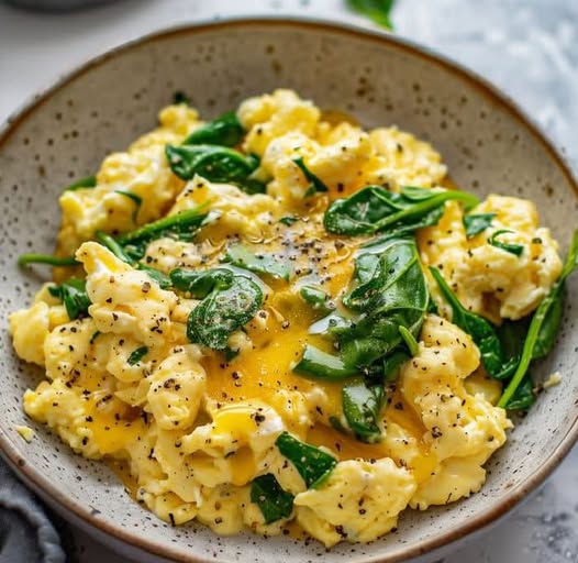 Scrambled eggs with cheese and sauteed spinach
