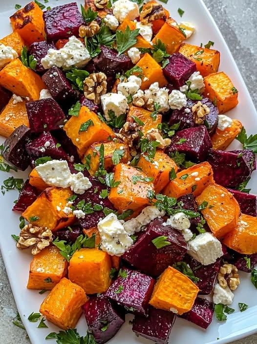 Colorful Roasted Beet & Sweet Potato Salad with Feta, Parsley & Yogurt Dressing