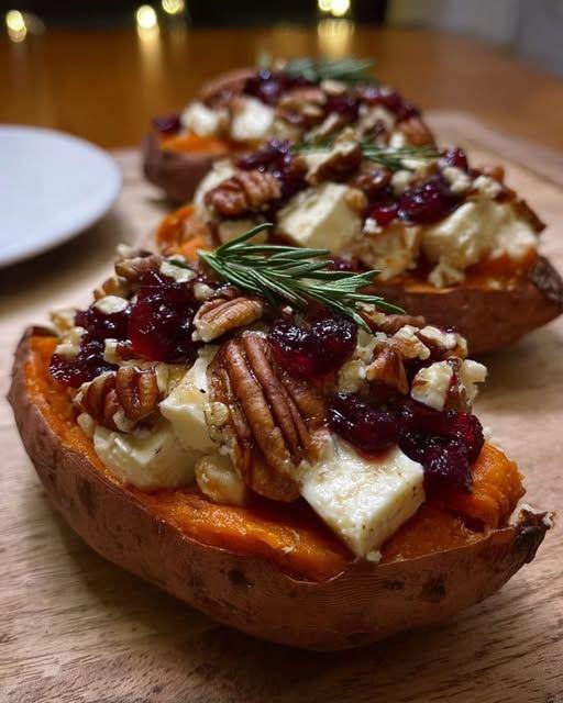 Maple Pecan & Brie Stuffed Sweet Potatoes with a Cranberry Glaze