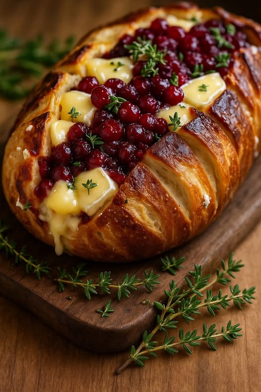 Garlic Herb Sourdough Bread Stuffed with Brie & Cranberry