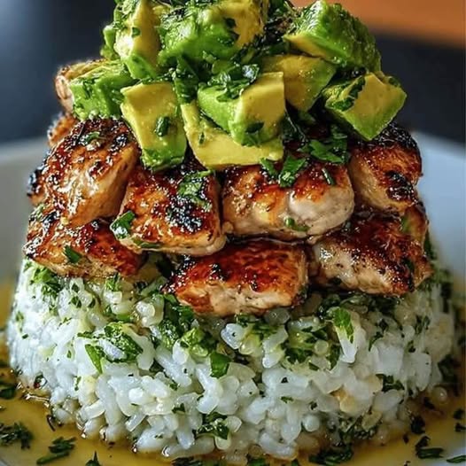 Mediterranean Honey Lemon Chicken & Avocado Rice Stack