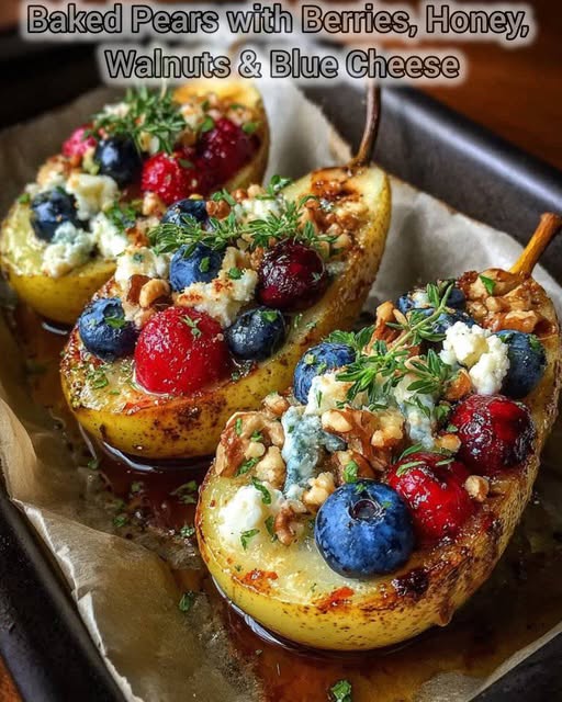 Baked Pears with Berries, Honey, Walnuts & Blue Cheese