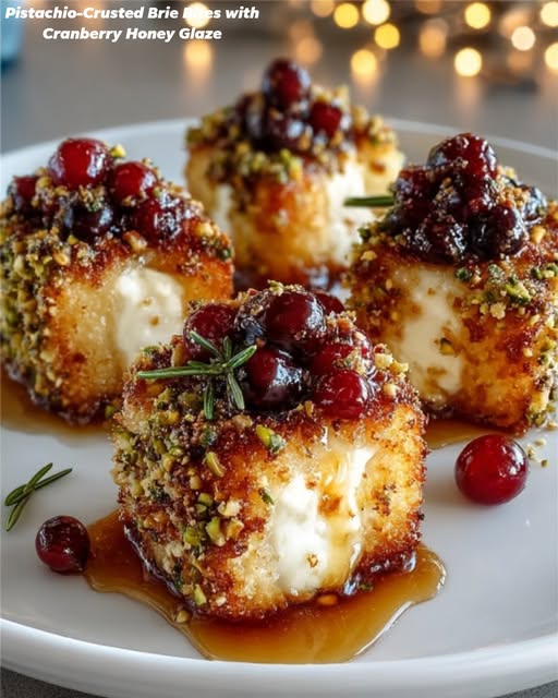 Pistachio-Crusted Brie Bites with Cranberry Honey Glaze