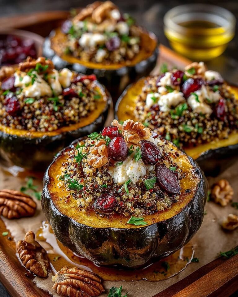 Mediterranean Stuffed Acorn Squash with Quinoa, Cranberries & Feta