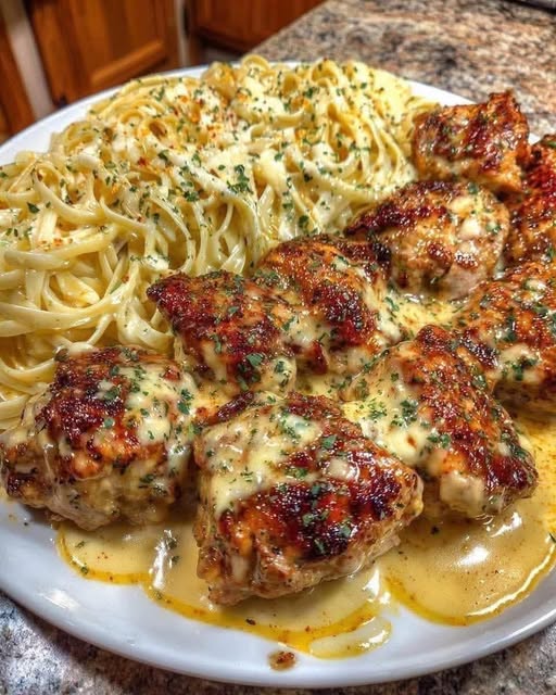 Creamy Garlic Butter Chicken & Linguine in Alfredo Sauce